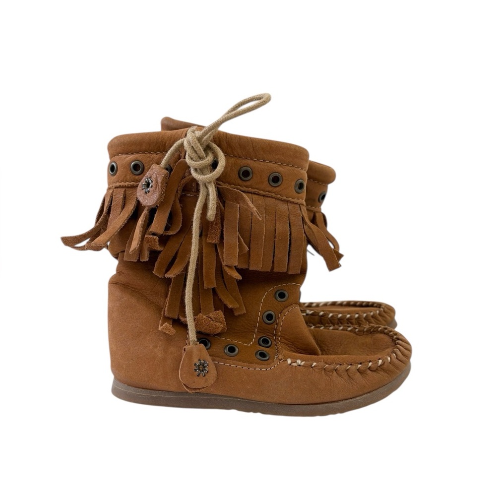 Zara Leather Fringed Brown Kids Moccasin Boots